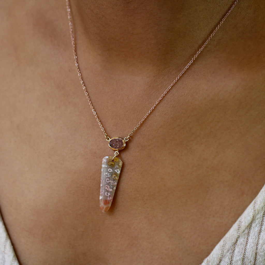 nicole van der wolf 18k 14k rose gold peach quartz druze fossilized coral necklace designyard contemporary jewellery gallery dublin ireland