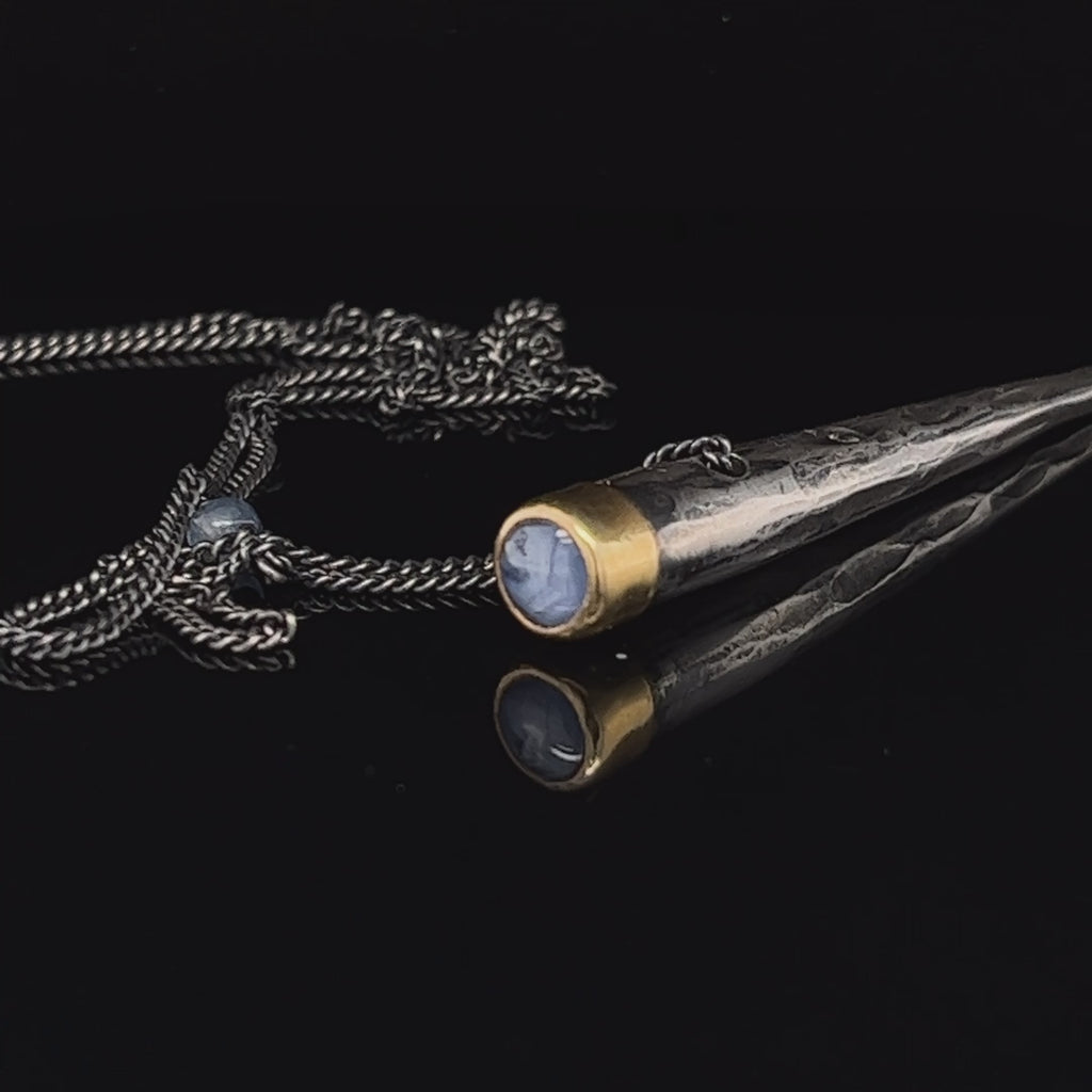 Video of Bergsøe's Handmade Oxidised Silver 22k Yellow Gold Star Sapphire Diamond Necklace. Available on DESIGNYARD.com and in our Jewellery Shop Dublin, Ireland. Free Worldwide Shipping with DHL.