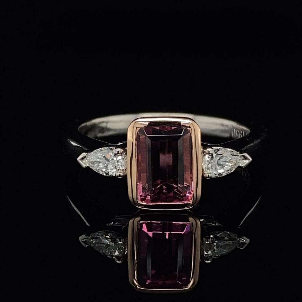 Video of Platinum 18k Rose Gold Pink Bezel Tourmaline Pear Diamond Engagement Ring. Available on DESIGNYARD.com and in our Jewellery Shop Dublin, Ireland. Free Worldwide Shipping with DHL.