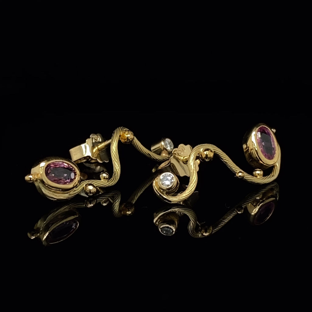 Josephine Bergsøe - 18k 22k Yellow Gold Seafire Pink Sapphire Diamond Earrings - DESIGNYARD, Dublin Ireland.