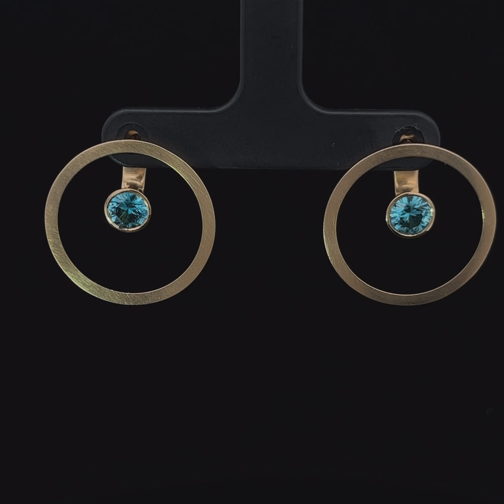 Angela Hubel - 18k Rose Gold Treasure Island Blue Zircon Earrings - DESIGNYARD, Dublin Ireland.