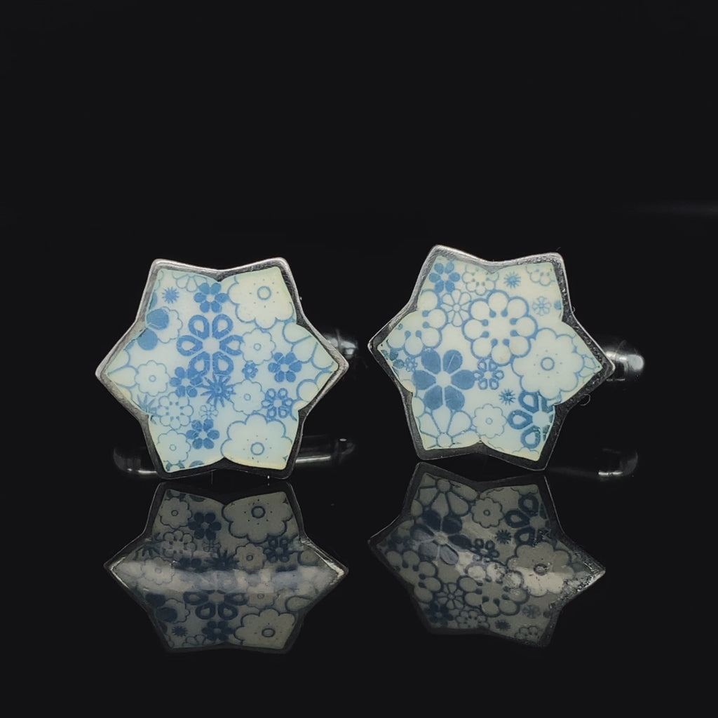 Jane Moore - Oxidised Silver Blue Flower Enamel Cufflinks - DESIGNYARD, Dublin Ireland.