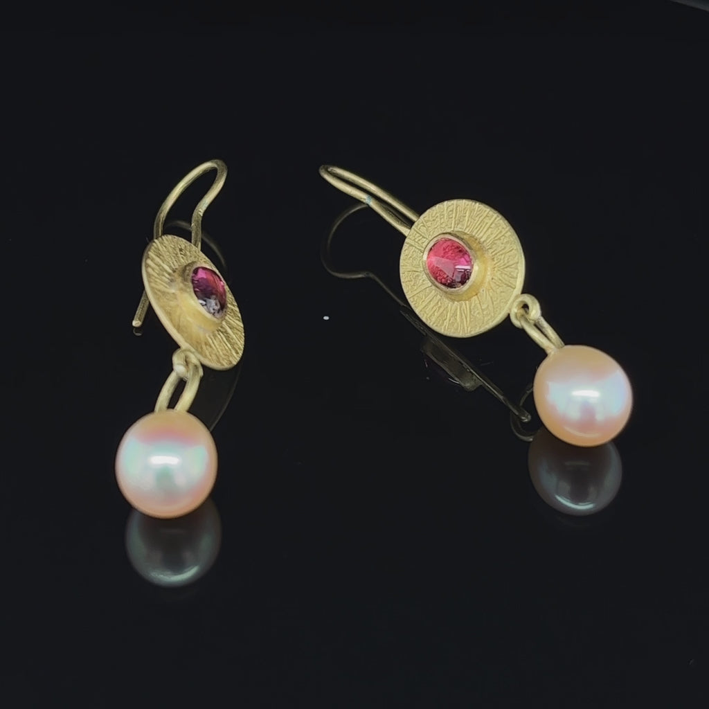 Catherine Mannheim - 18k Yellow Gold Fine Pink Tourmaline Pearl Drop Earrings - DESIGNYARD, Dublin Ireland.