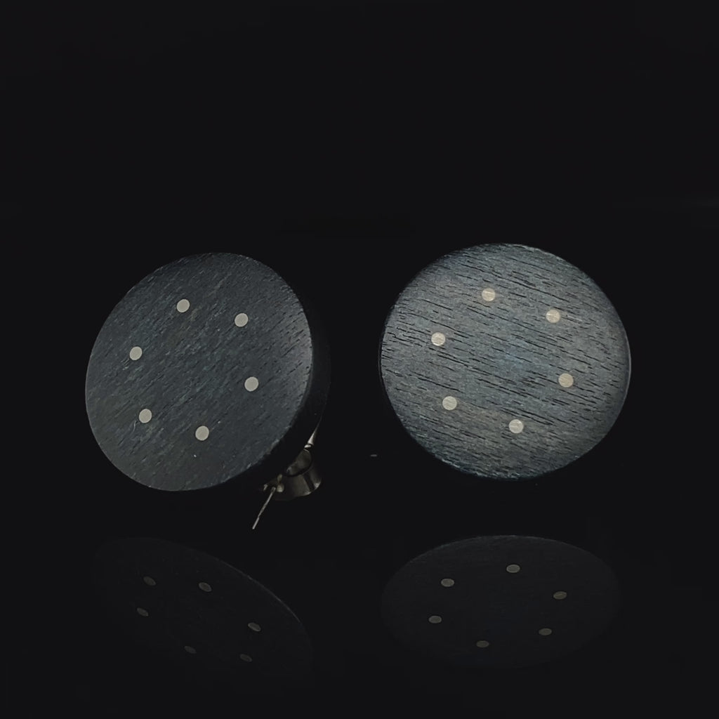 Roger Bennett - Sterling Silver Black Circle Maple Earrings With Silver Inlay - DESIGNYARD, Dublin Ireland.