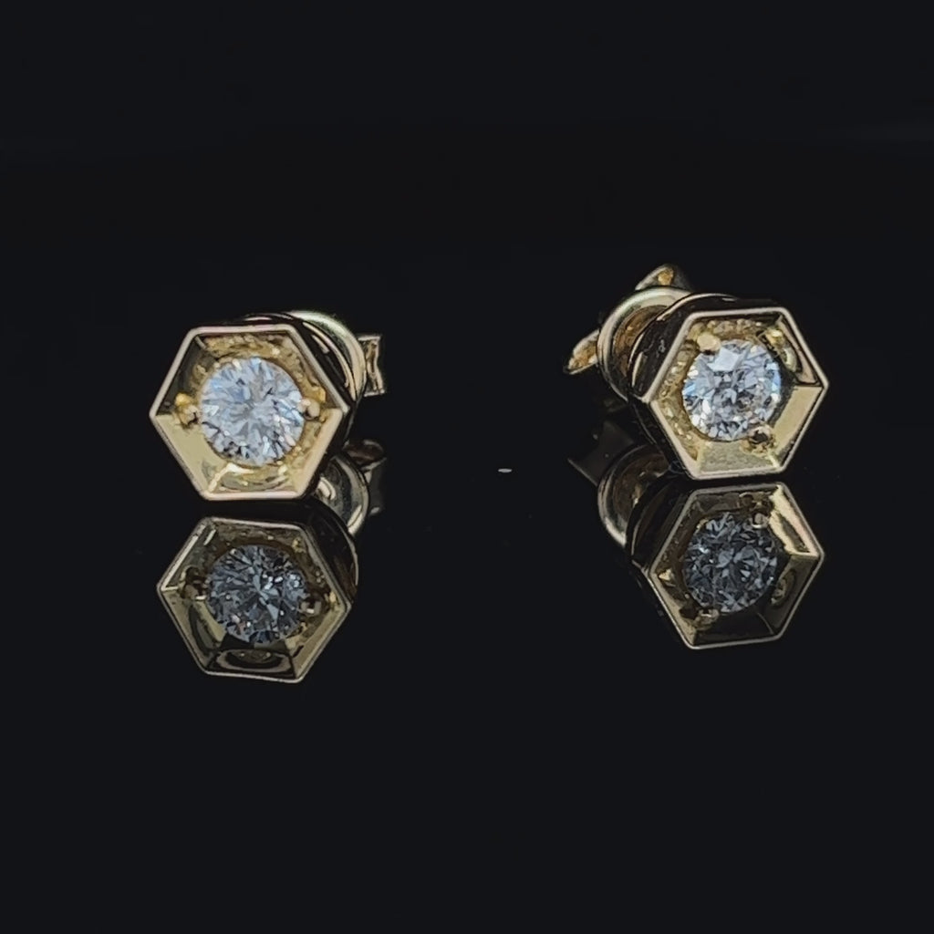 Ronan Campbell - 18k Yellow Gold Diamond Hexagonal Stud Earrings - DESIGNYARD, Dublin Ireland.