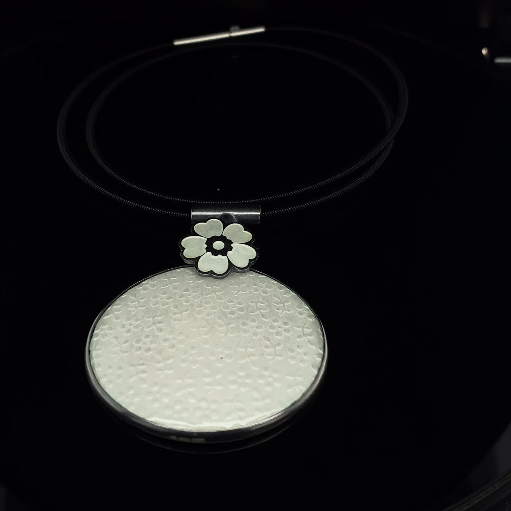 Jane Moore - Sterling Silver Oxidised White Enamel Oval Flower Necklace - DESIGNYARD, Dublin Ireland.