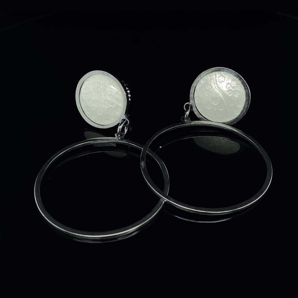 Jane Moore - Sterling Silver Oxidised White Enamel Round Drop Earrings - DESIGNYARD, Dublin Ireland.