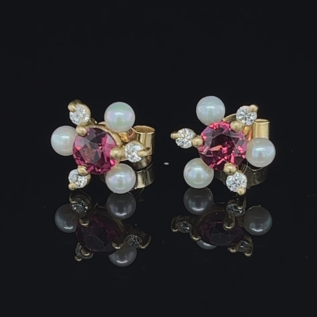 Shimell And Madden - 18k Yellow Gold Rhodolite Garnet Diamond Pearl Rotational Trio Earrings - DESIGNYARD, Dublin Ireland.