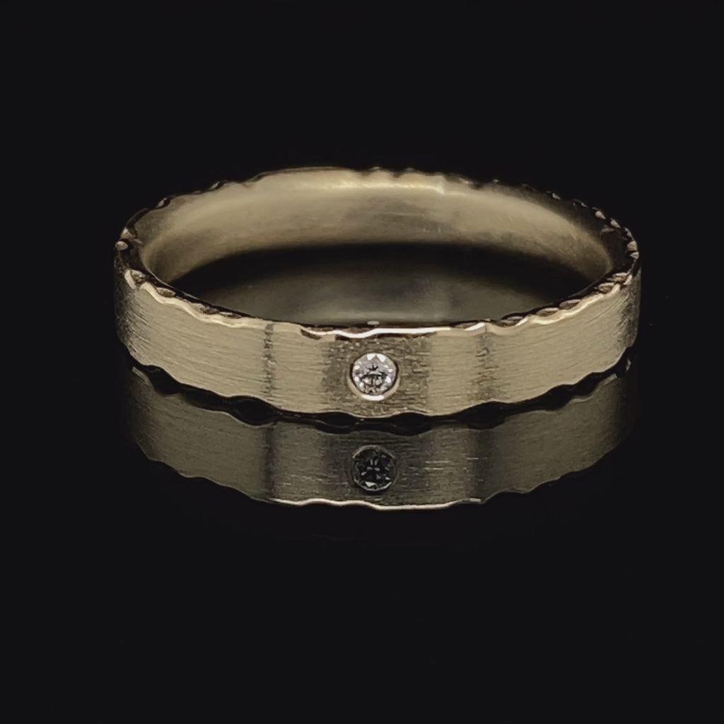 Video of Kate Smith's Contemporary Yellow Gold Nibbled Diamond Wedding Ring. Available on  DESIGNYARD.com and in our Jewellery Shop Dublin, Ireland. Free Worldwide Shipping with DHL.