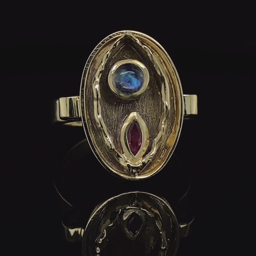 Friederike Grace - 14k Yellow Gold Ruby Moonstone Ring - DESIGNYARD, Dublin Ireland.