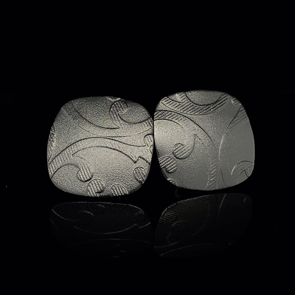 Ursula Muller - Black Aluminium Embossed Cushion Earrings - DESIGNYARD, Dublin Ireland.