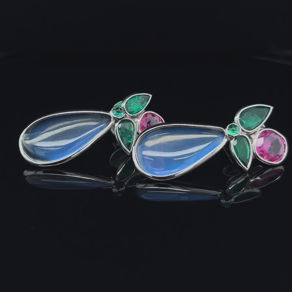 DesignYard - 18k White Gold Moonstone Pink Sapphire Emerald Drop Earrings - DESIGNYARD, Dublin Ireland.