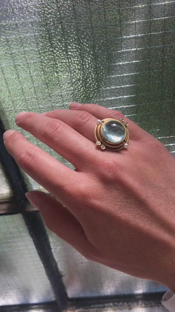 Shimell And Madden - 18k Yellow Gold Blue Beryl Diamond Pearl Dawn Sol Horizon Ring - DESIGNYARD, Dublin Ireland.