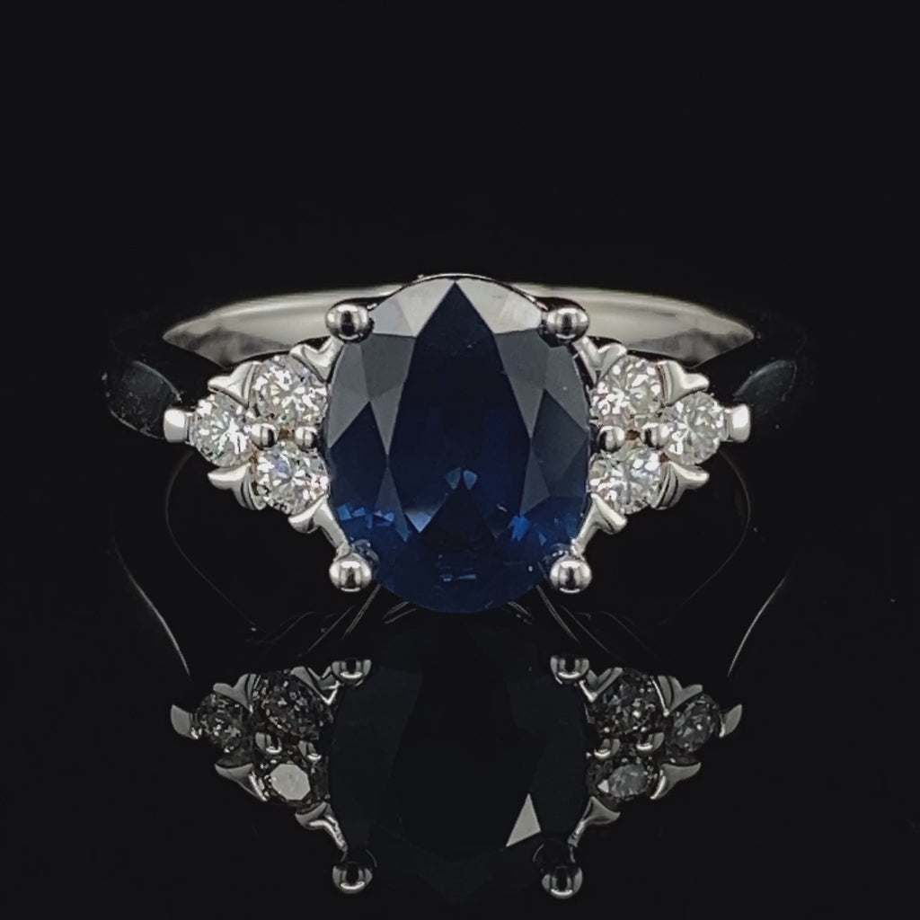 Video of 18k White Gold Blue Sapphire Diamond Engagement Ring. Available on DESIGNYARD.com and in our Jewellery Shop Dublin, Ireland. Free Worldwide Shipping with DHL.