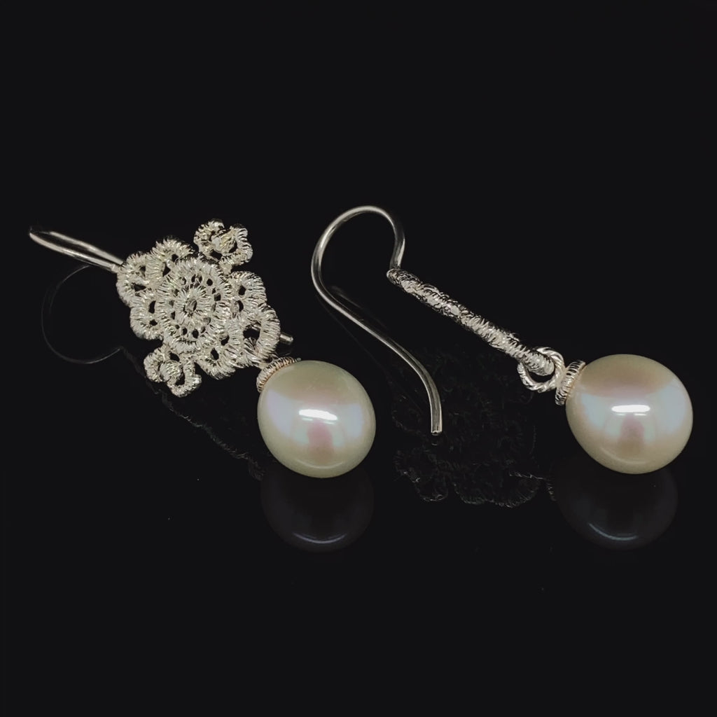 Brigitte Adolph - Sterling Silver Mona Lisa Pearl Hook Drop Earrings - DESIGNYARD, Dublin Ireland.