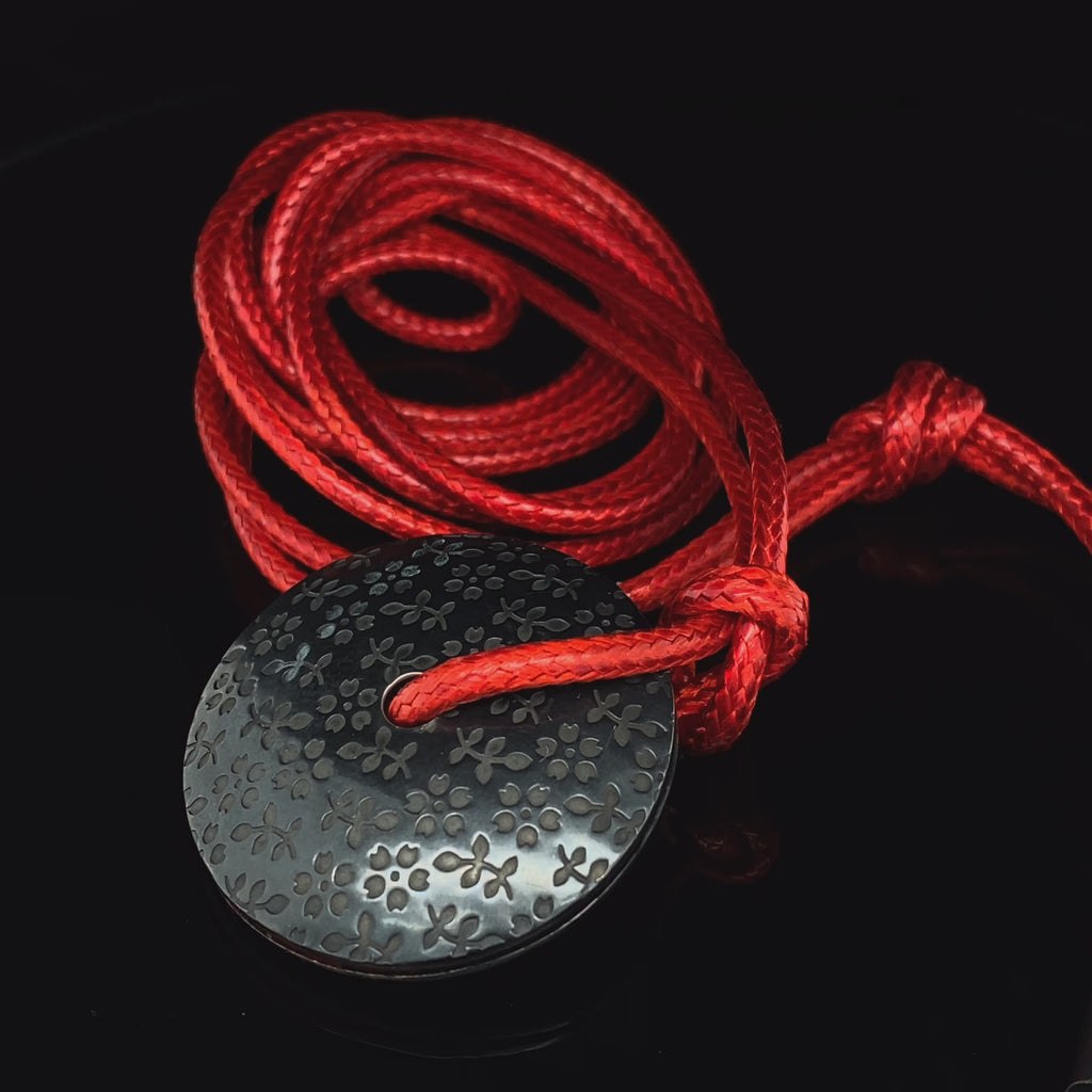 Jane Moore - Oxidised Sterling Silver Red Chinese Cord Necklace - DESIGNYARD, Dublin Ireland.