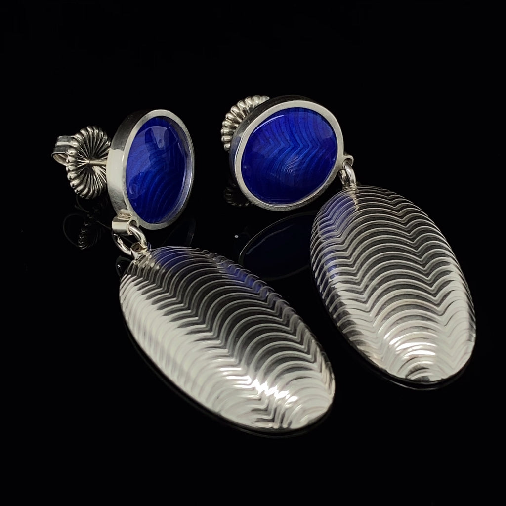 Jane Moore contemporary Sterling Silver Oval Royal Blue Enamel Drop Earrings - DESIGNYARD, Dublin Ireland