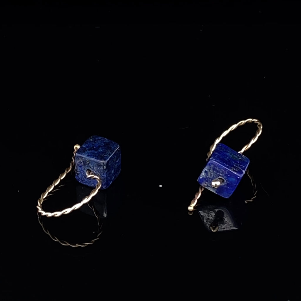 Nicole Van Der Wolf - 9k Yellow Gold Lapis Lazuli Cube Earrings - DESIGNYARD, Dublin Ireland.
