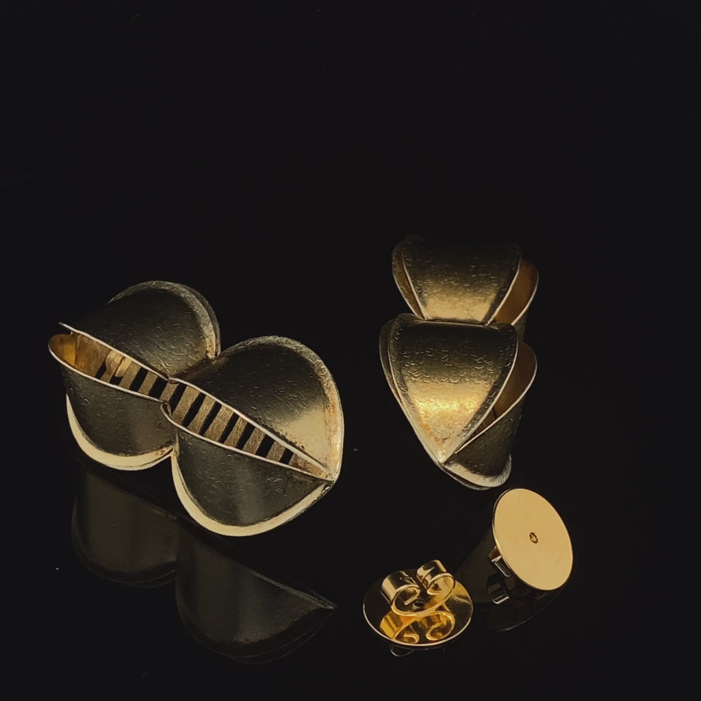 Video of Sophia Epp's Contemporary Silver 22k Gold Plate Doppel Navette Statement Earrings Available on DESIGNYARD.com and in our Jewellery Shop Dublin, Ireland.