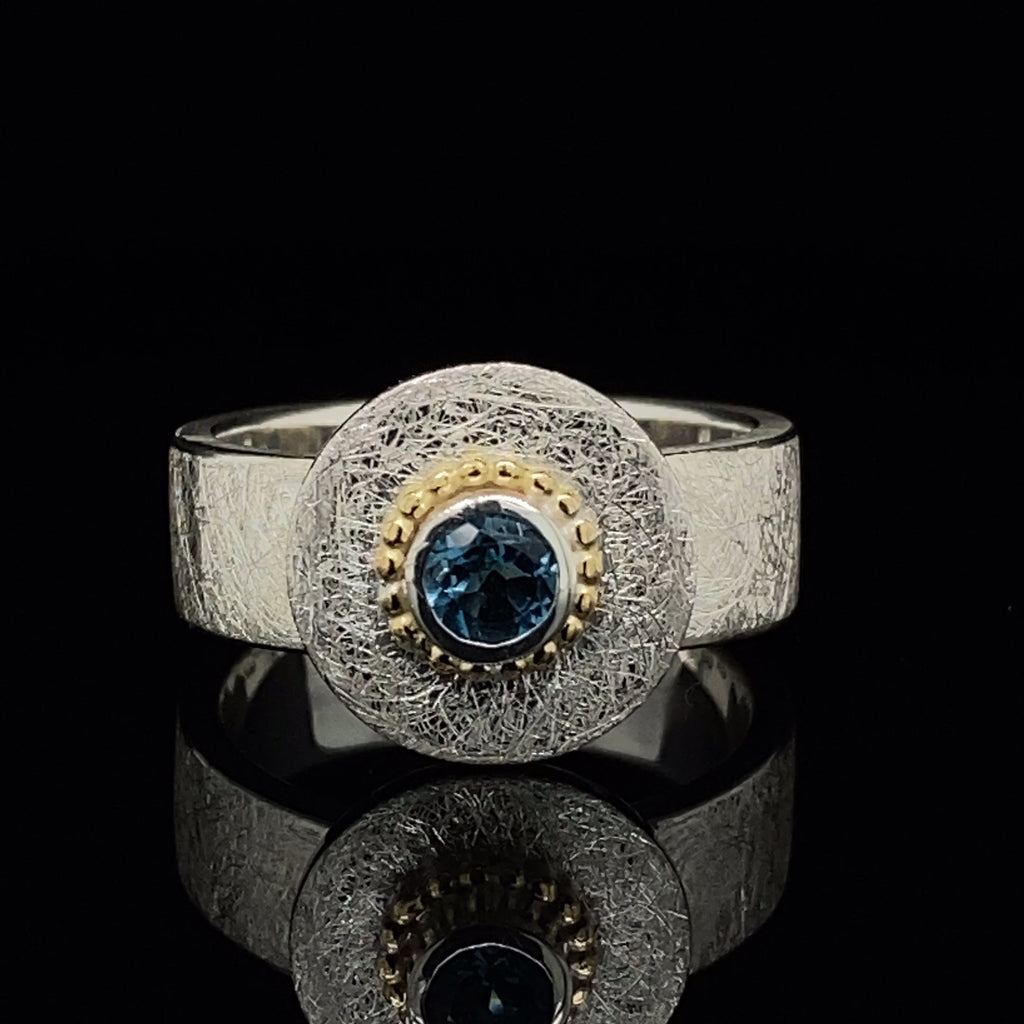 Cassie McCann - Silver 18k Yellow Gold Blue Topaz Oceania Ring - DESIGNYARD, Dublin Ireland.