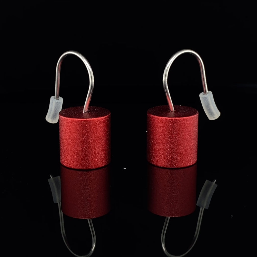 Ursula Muller - Red Aluminium Roller Earrings - DESIGNYARD, Dublin Ireland.