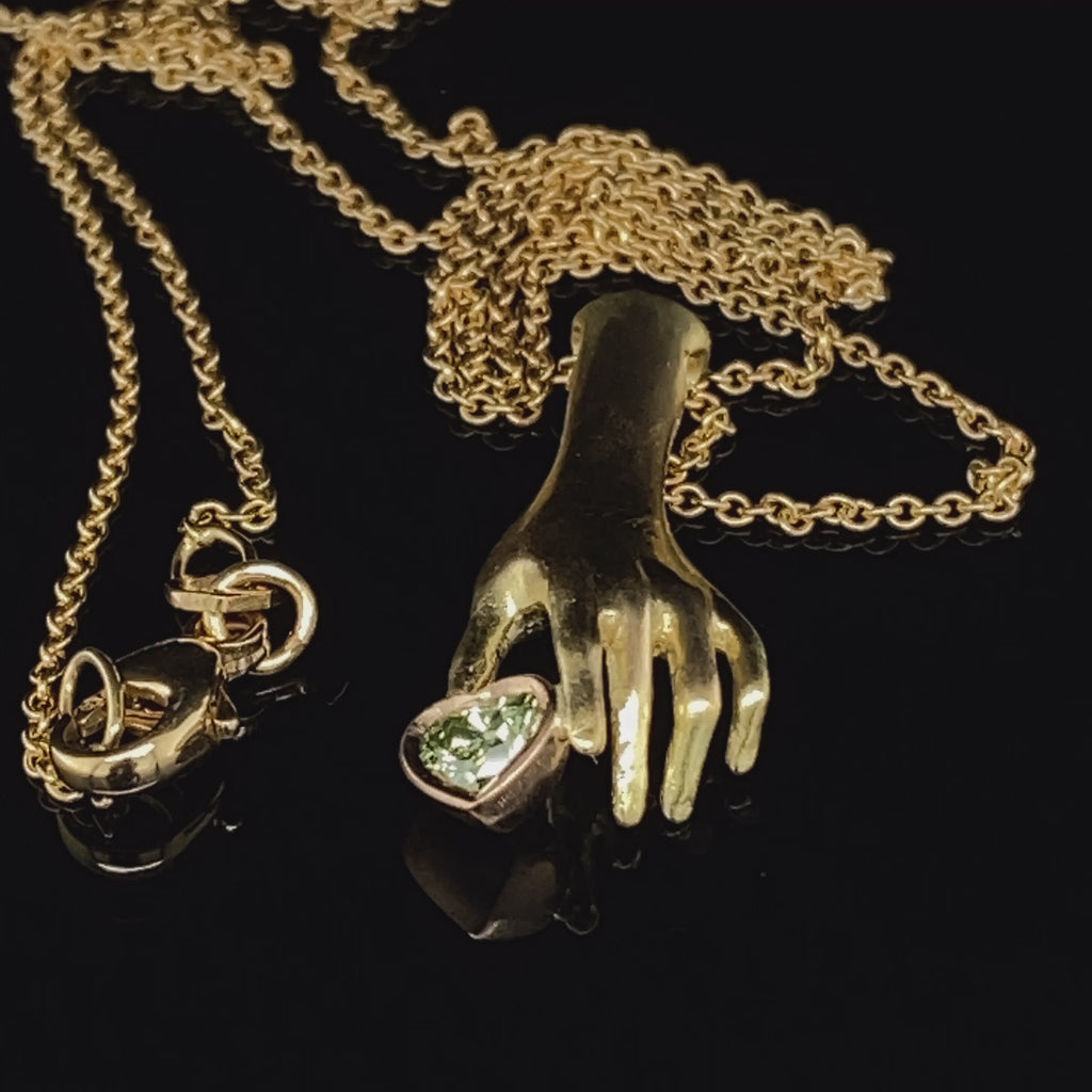 Sam Lafford - 18k Yellow Gold Helping Hand Green Diamond Heart Necklace - DESIGNYARD, Dublin Ireland.