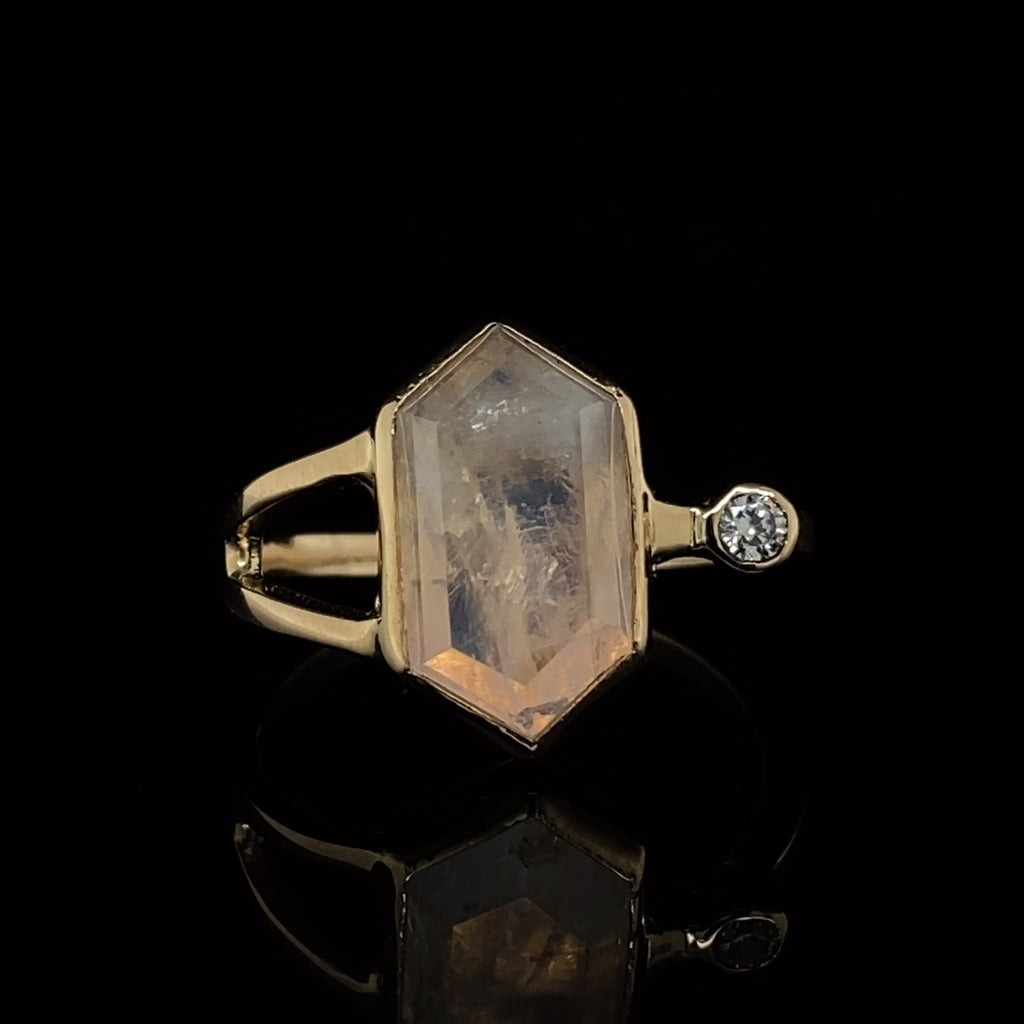 Stephanie Robinson - 14k Yellow Gold Hex Moonstone Diamond Ring - DESIGNYARD, Dublin Ireland.