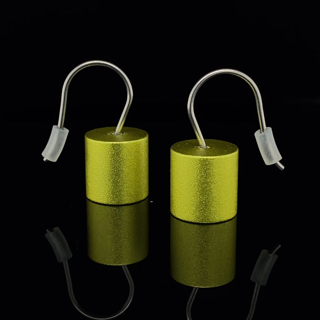 Ursula Muller - Lime Green Aluminium Roller Earrings - DESIGNYARD, Dublin Ireland.