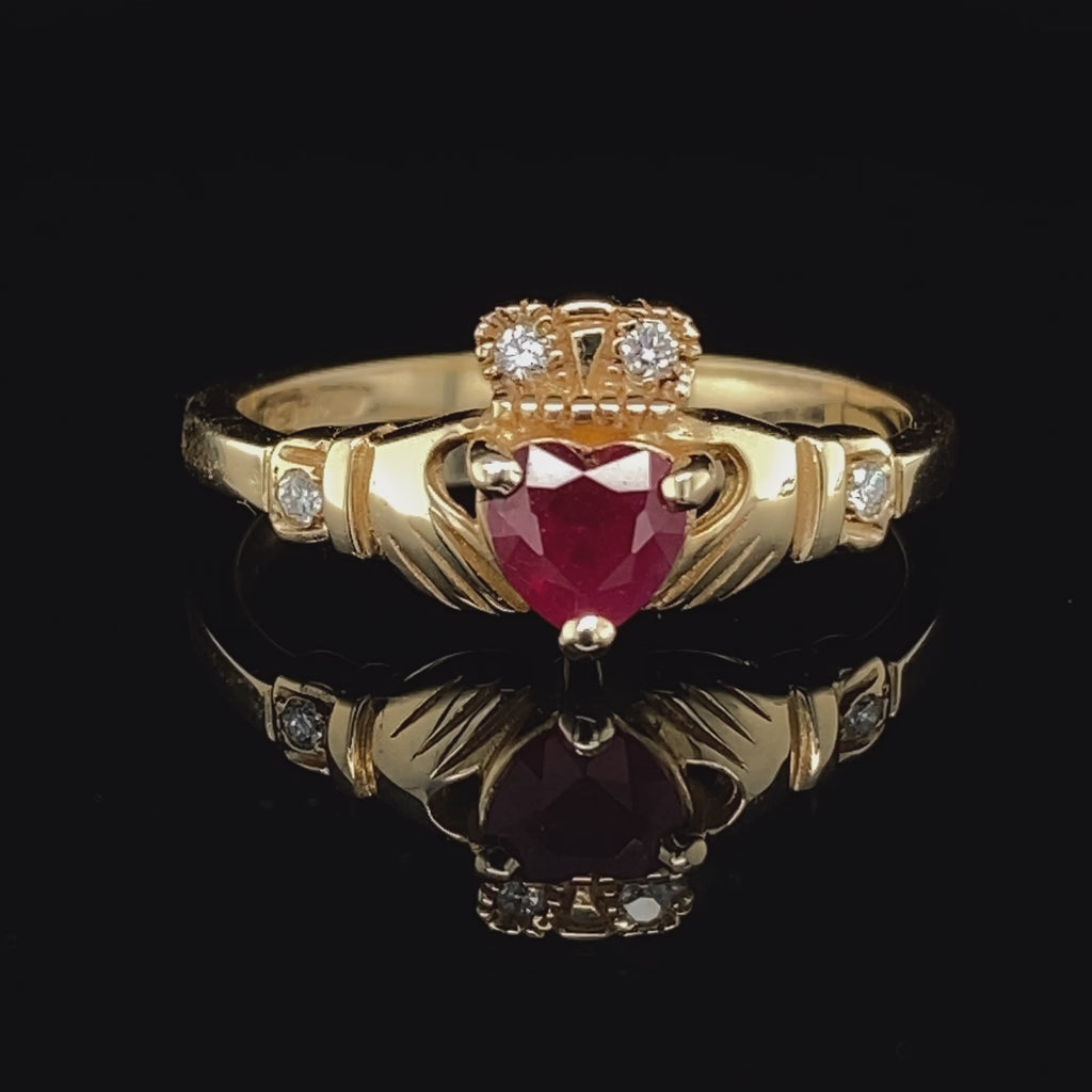 DesignYard - 14k Yellow Gold Ruby Heart Diamond Claddagh Ring - DESIGNYARD, Dublin Ireland.