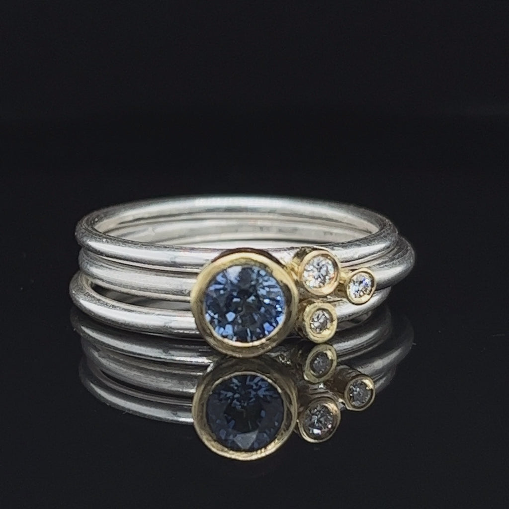 Shimara Carlow contemporary Sterling Silver 18k Yellow Gold Blue Sapphire Diamond Stacking Ring - DESIGNYARD, Dublin Ireland