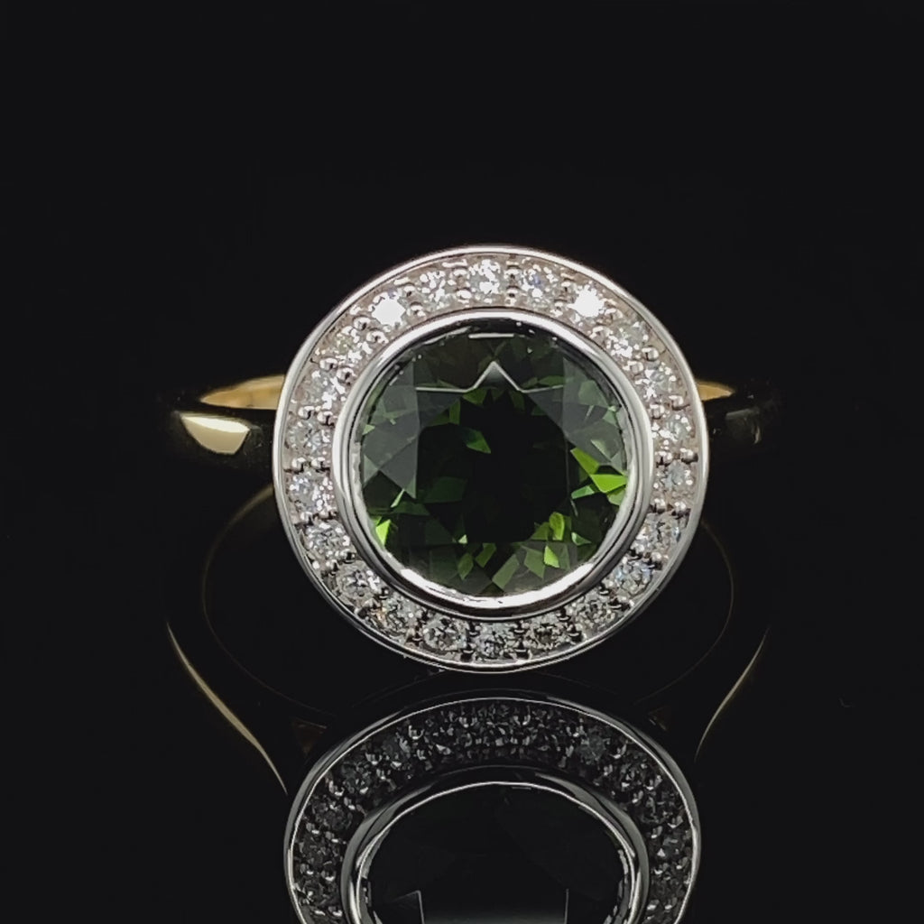Ronan Campbell engagement ring 18k Yellow White Gold Green Tourmaline Diamond Ring - DESIGNYARD, Dublin Ireland