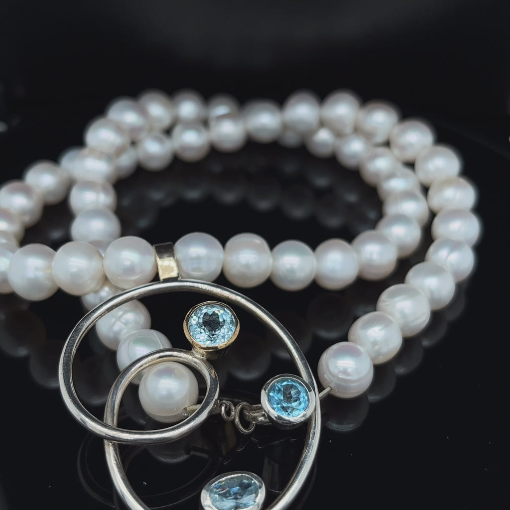 Friederike Grace - Sterling Silver 18k Yellow Gold Blue Topaz Pearl Necklace - DESIGNYARD, Dublin Ireland.
