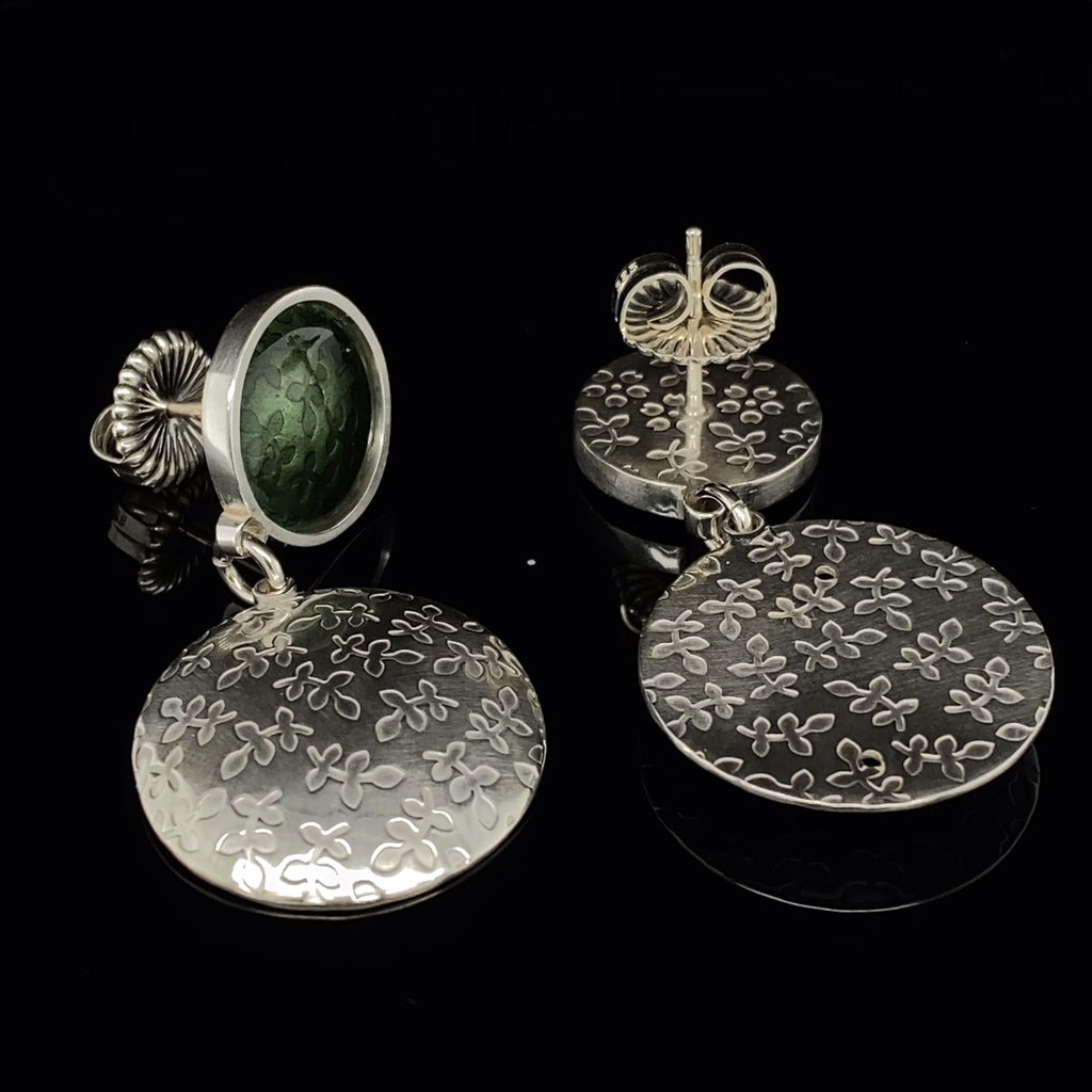 Jane Moore - Sterling Silver Round Dark Green Enamel Drop Earrings - DESIGNYARD, Dublin Ireland.