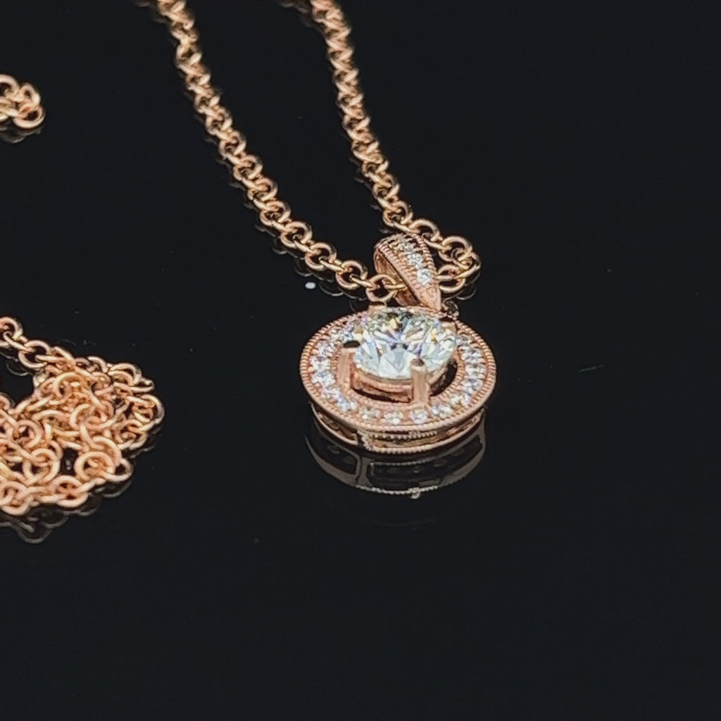 Video of Classic 18k Rose Gold Diamond Halo Pendant. Available on DESIGNYARD.com and in our Jewellery Shop Dublin, Ireland. Free Worldwide Shipping with DHL.