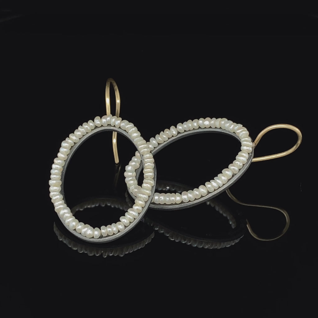 Sophia Epp - Silver 18k Yellow Gold Oxidised Pearl Oval Hook Earrings - DESIGNYARD, Dublin Ireland.