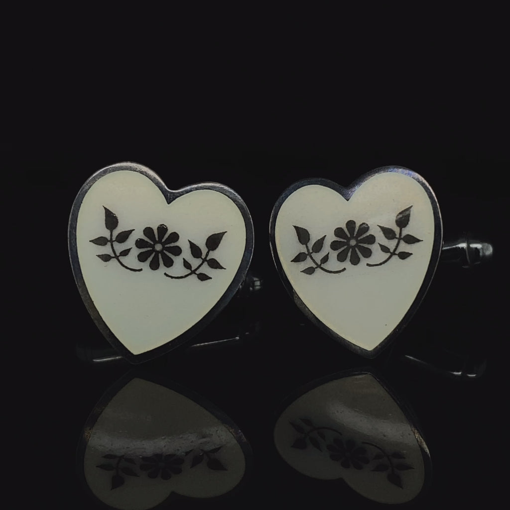 Jane Moore - Oxidised Silver White Flower Heart Cufflinks - DESIGNYARD, Dublin Ireland.