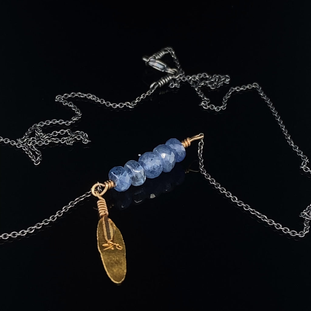 Josephine Bergsøe - 18k 24k Yellow Gold Sapphire Leaf Necklace - DESIGNYARD, Dublin Ireland.