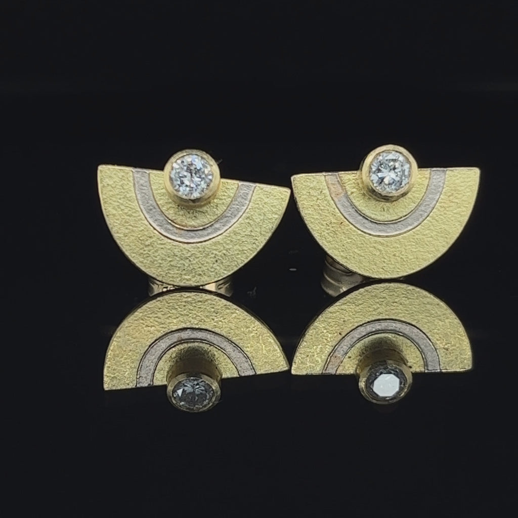 Catherine Mannheim - 18k Yellow Gold Platinum Half Disc Diamond Earrings - DESIGNYARD, Dublin Ireland.