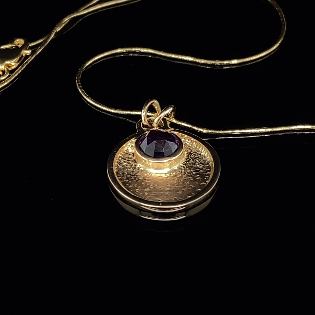 Stephanie Robinson - 14k Yellow Gold Rose-Cut Amethyst Disc Pendant - DESIGNYARD, Dublin Ireland.