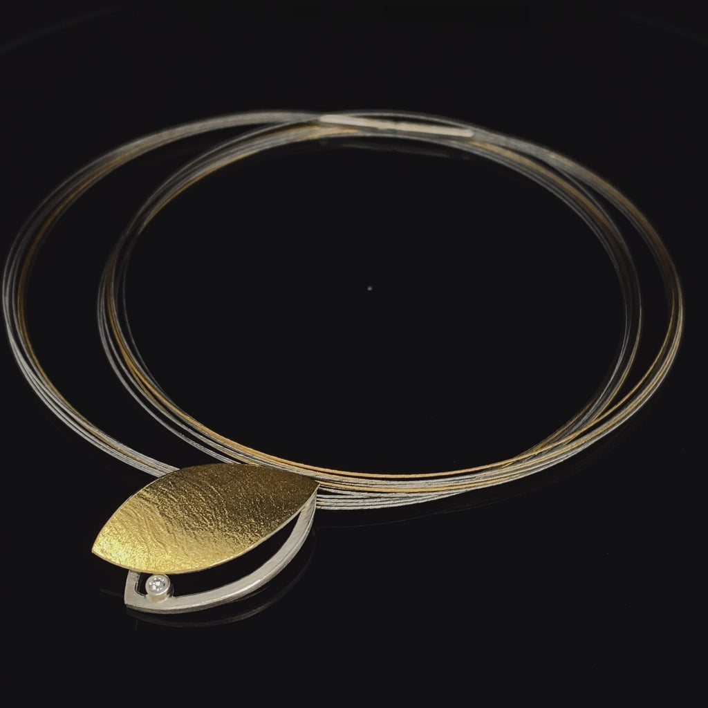 Manu - 22k Yellow Gold BiMetal Sterling Silver Diamond Leaf Necklace - DESIGNYARD, Dublin Ireland.