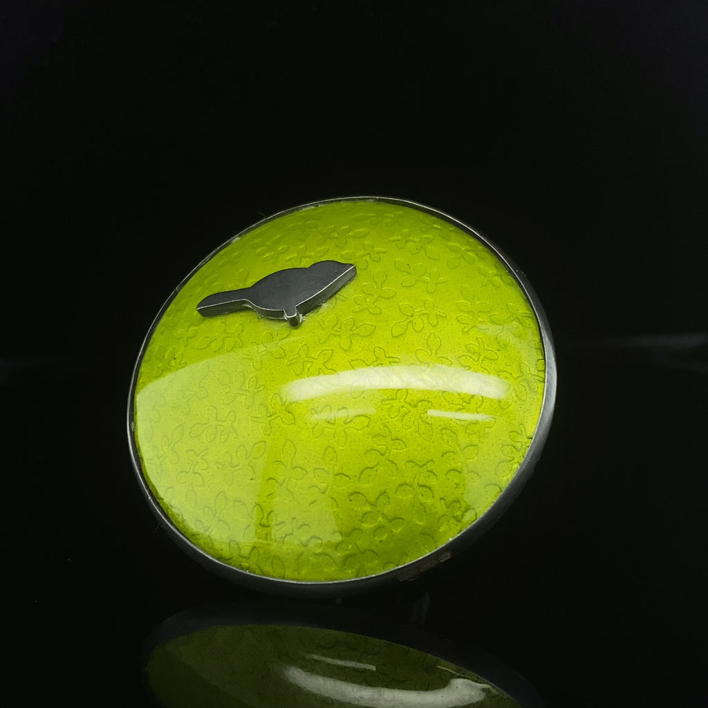 Jane Moore - Oxidised Sterling Silver Laburnam Green Enamel Round Bird Brooch - DESIGNYARD, Dublin Ireland.