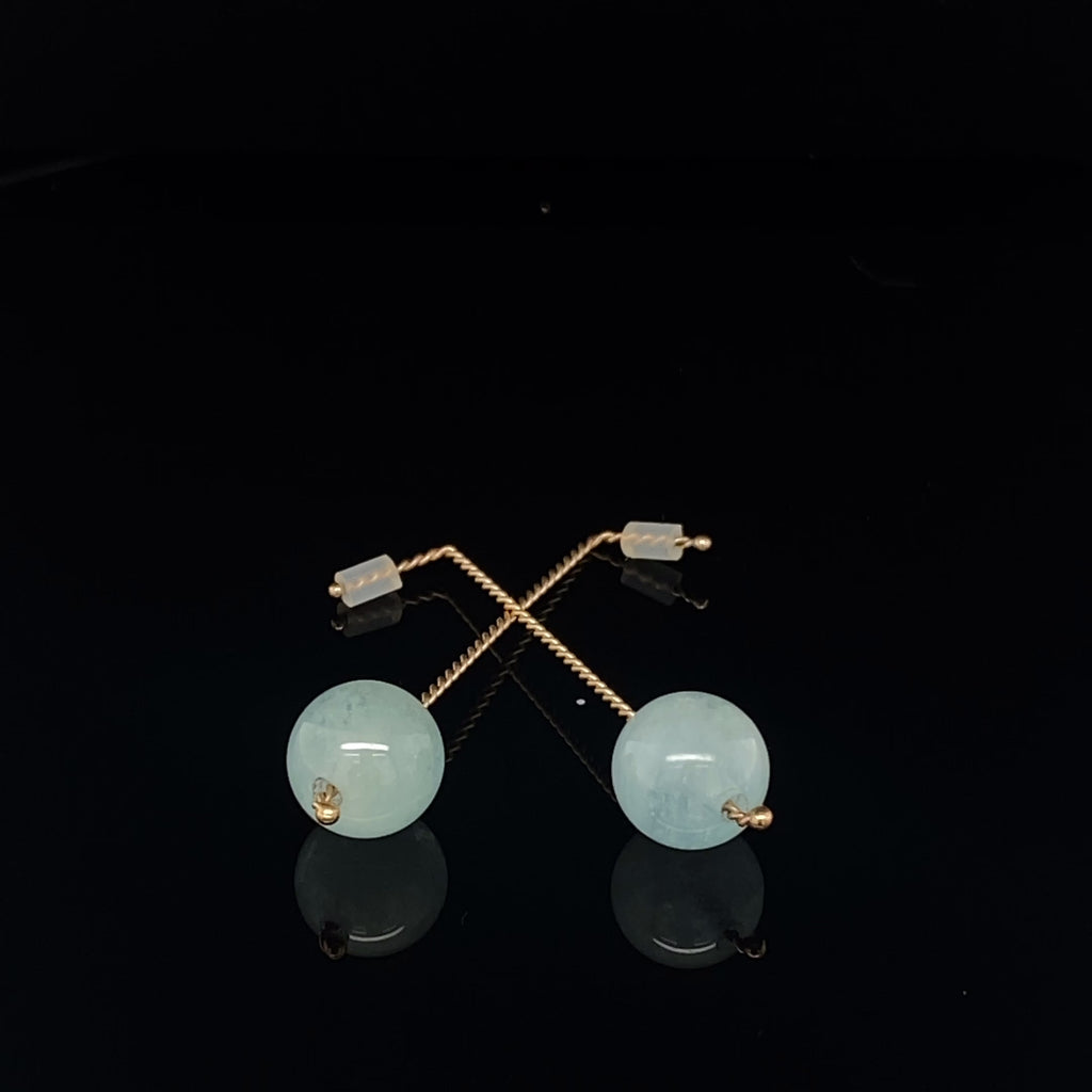 Nicole Van Der Wolf - 9k Yellow Gold Long Blue Beryl Earrings - DESIGNYARD, Dublin Ireland.