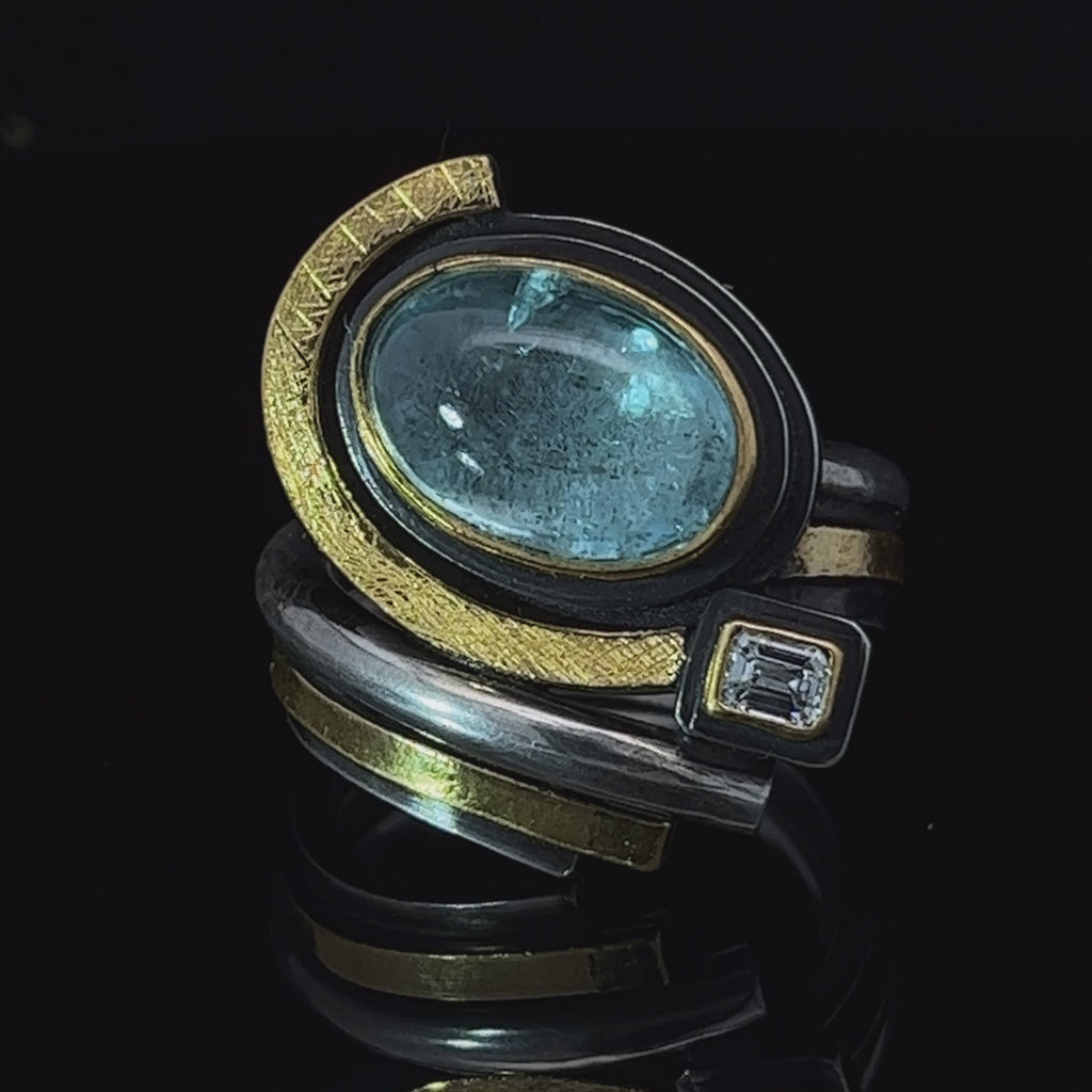 Barbara Bertagnolli - contemporary 24k Yellow Gold Silver Aquamarine Emerald Cut Diamond statement Ring - DESIGNYARD, Dublin Ireland