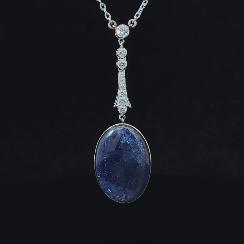 18k white yellow gold blue sapphire cabochon diamond necklace designyard curated vintage jewellery collection