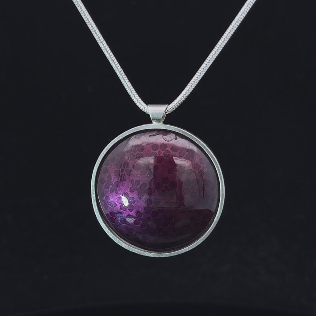 Video of Jane Moore's Sterling Silver Plum Enamel Necklace. Available on DESIGNYARD.com and in our Jewellery Shop Dublin, Ireland.