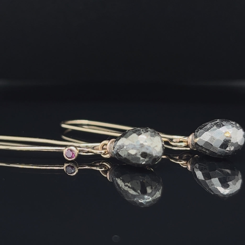 Cassie McCann - 9k Yellow Gold Pyrite Purple Diamond Drop Earrings - DESIGNYARD, Dublin Ireland.