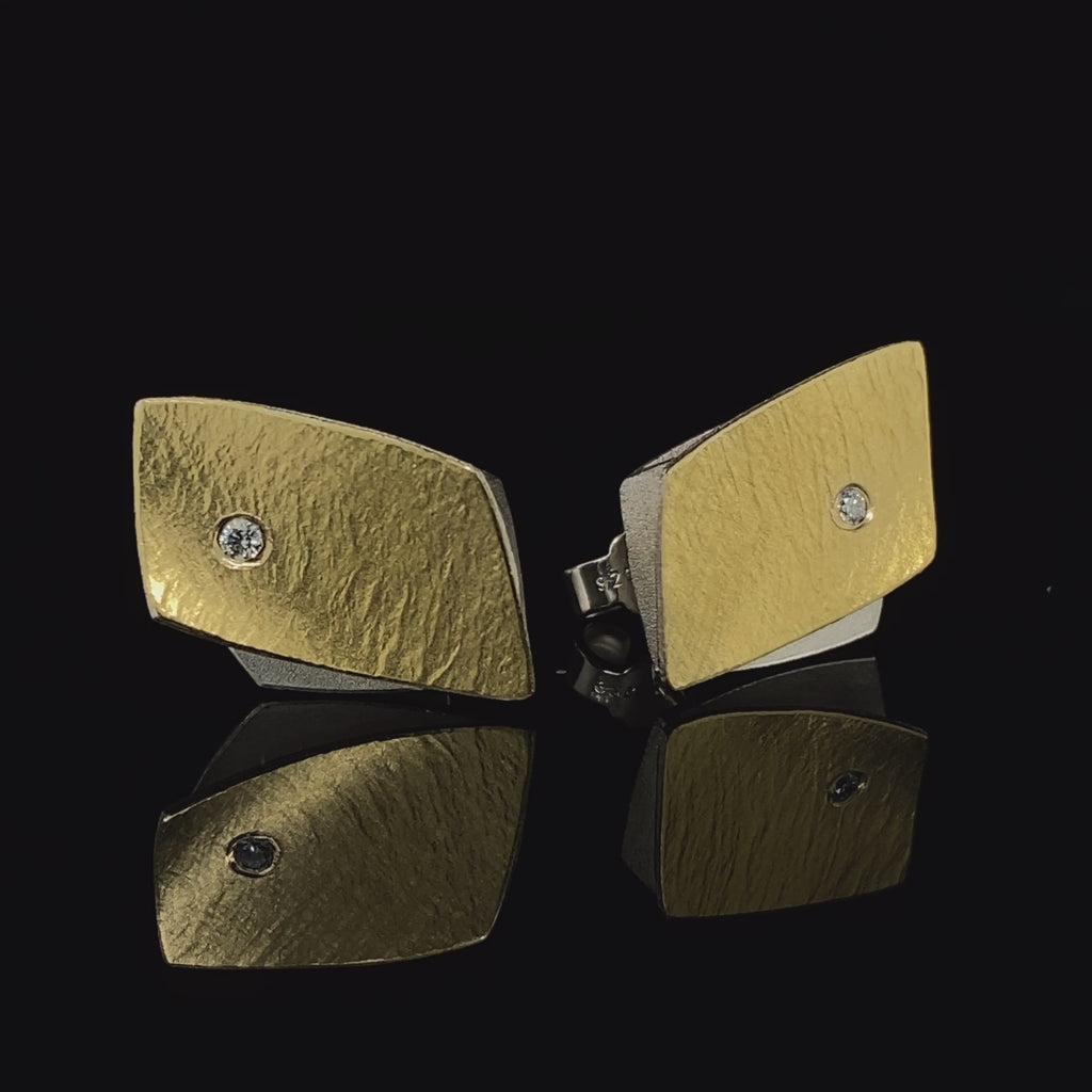 Manu - Sterling Silver 22k Yellow Gold Textured Diamond Earrings - DESIGNYARD, Dublin Ireland.