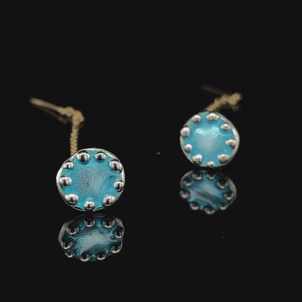 Neeltje Huddleston Slater - Sterling Silver 14k Yellow Gold Blue Enamel Button Earrings - DESIGNYARD, Dublin Ireland.