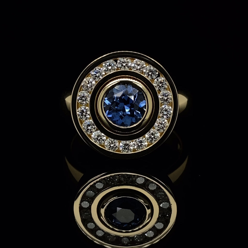 Rudolf Heltzel - 18k Yellow Gold Surround Halo Sapphire Diamond Engagement Ring - DESIGNYARD, Dublin Ireland.