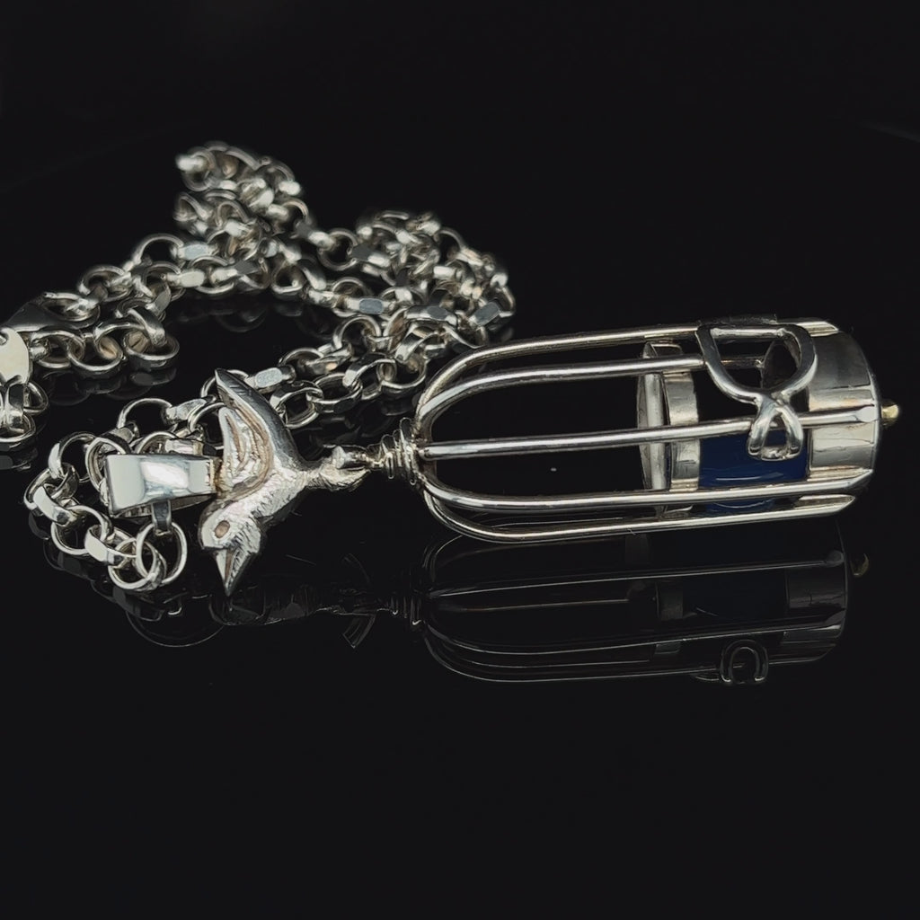 Friederike Grace - Sterling Silver 18k Yellow Gold Blue Agate Bird Cage Necklace - DESIGNYARD, Dublin Ireland.